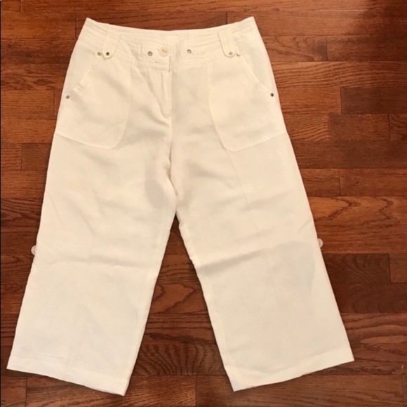 WHITE LINEN CAPRI PANTS LARRY LEVINE SIZE 4 SUMMER RESORT VACATION - Picture 1 of 5